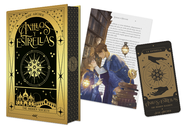 Anillos y estrellas, libro, overlay y carta del tarot